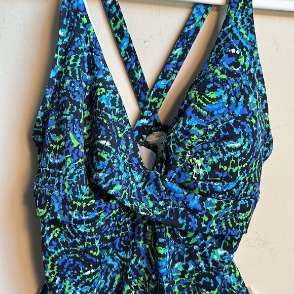 Speedo Women's Blue Multicolor Front Deep V Neck Open Back Swimsuit 18 - Picture 2 of 9